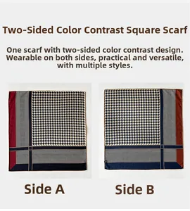 Detail view of houndstooth silk wool scarf showing red and blue double-sided geometric patterns
