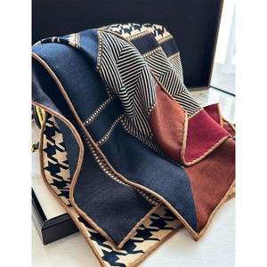Fashionable houndstooth and geometric silk wool square scarf with contrast color patchwork