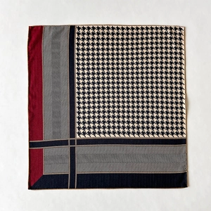 Fashionable houndstooth silk and wool square scarf with burgundy and blue geometric patchwork
