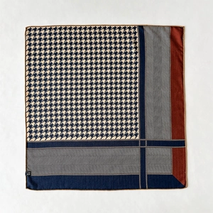 Fashion houndstooth and geometric silk wool square scarf in navy and beige color blocks