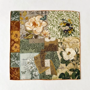 Floral silk wool scarf with vintage magnolia print and hand-rolled orange edges