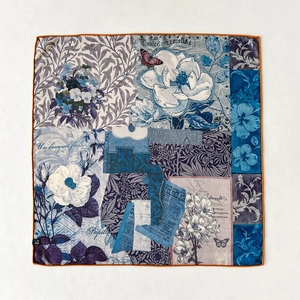 Silk wool scarf with vintage floral collage print and orange hand-rolled edges