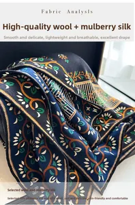 Detailed texture of floral silk wool scarf showing premium blend fabric and print