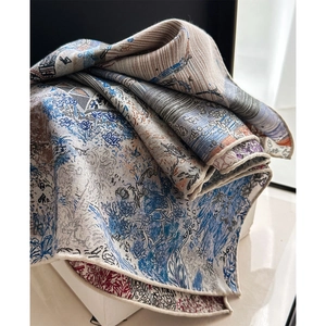 Artistic fantasy landscape print silk wool scarf with twill texture and rolled edges