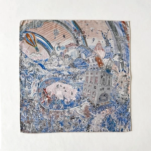 Artistic fantasy world silk wool scarf featuring hot air balloons and vintage architecture