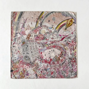Artistic fantasy world silk wool scarf featuring double-sided colorful illustrations