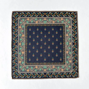 Floral print silk wool scarf in navy blue with vintage orange botanical pattern borders