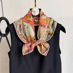 Artistic fantasy double-sided silk scarf tied on black dress with hand-drawn European scenes