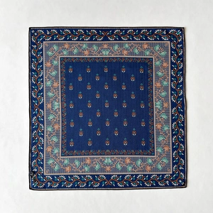 Floral print silk wool scarf in deep blue with vintage orange and green botanical patterns