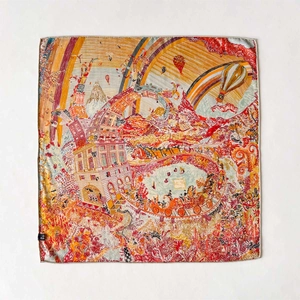 Flat lay of silk wool square scarf featuring artistic European landscape and hot air balloons