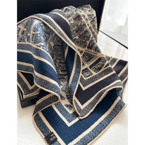 Silk wool scarf with French vintage city map print in navy and beige tones