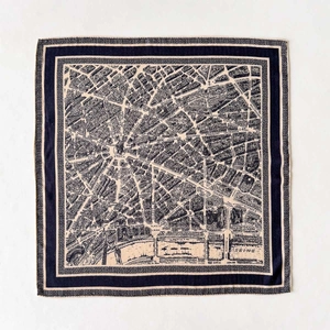Retro silk wool blend square scarf featuring a detailed hand-drawn vintage map of Paris