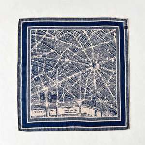 Silk wool square scarf with double-sided vintage Paris city map print in navy and beige