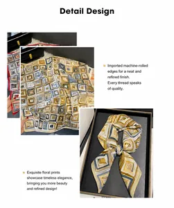 Detailed views of geometric square print silk scarf featuring fine machine-stitched edges