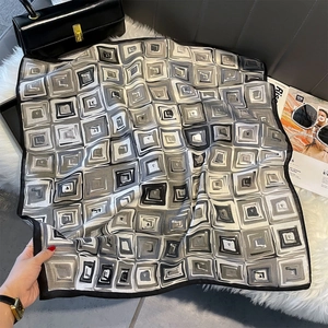 Elegant geometric square print silk satin square scarf in gray and black tones