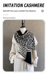 Detail of imitation cashmere leopard print scarf with soft fringe and thick warm texture