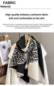 Detailed close-up of thick leopard print scarf draped over a white wool coat