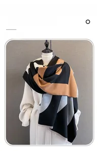 Detailed view of color-block imitation cashmere scarf with tassels on white coat