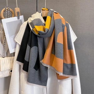 Autumn winter scarf with geometric patchwork, yellow grey color block and fringed edges