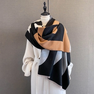 Geometric Patchwork Imitation Cashmere Scarf Warm Thick Tassel Shawl Letter Print Winter Wrap For Women