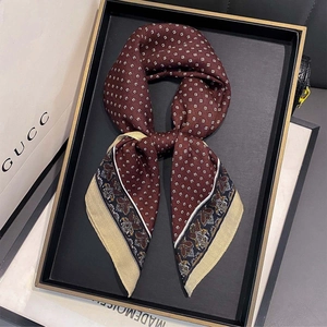 Elegant burgundy silk square scarf with white lattice pattern and floral border details