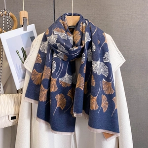 Winter scarf with ginkgo leaf jacquard pattern and soft fringe tassels in navy blue