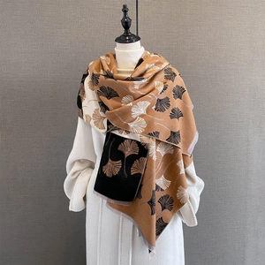 Ginkgo Leaf Jacquard Scarf Imitation Cashmere Thick Warm Winter Shawl Tassel Wrap Retro Elegant For Women Fashion Accessory