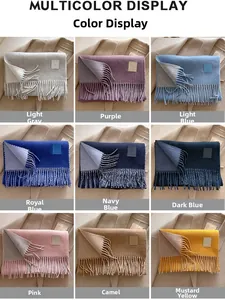 Detail grid showing nine colors of wool blend scarves with fringe and brand label