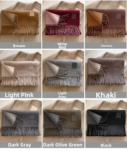 Detailed grid view of wool blend tassels scarves in various autumn colors on wool coats