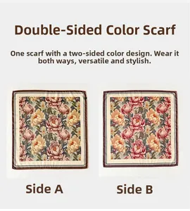 Detail of vintage silk blend square scarf featuring double-sided peony floral patterns