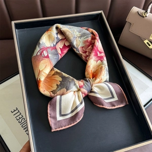 Floral vintage silk blend square scarf with peony print and warm autumnal tones