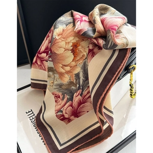 Floral silk blend square scarf with peony print on beige fabric and chain bag display