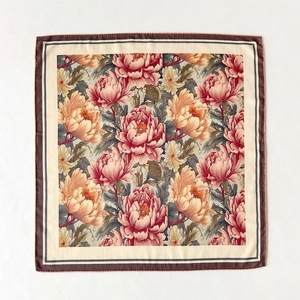 Vintage floral silk blend square scarf with peony and rose print on a cream white base