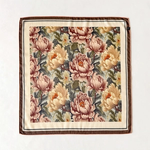 Vintage floral silk blend square scarf with peony print and striped border design