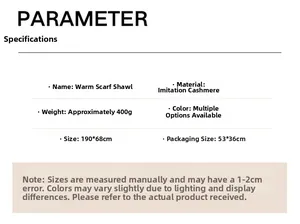 Detailed specifications for the 190x68cm warm pashmina shawl with material and size details