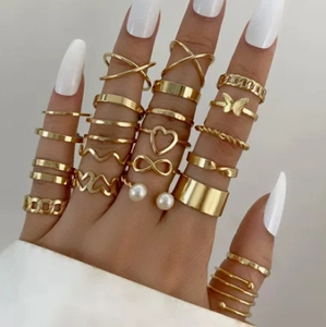Bohemian Alloy Gold Silver Ring Collection For Women Butterfly Heart Snake Pattern Stackable Joint Rings With Artificial Pearl Rhinestone Jewelry Gift
