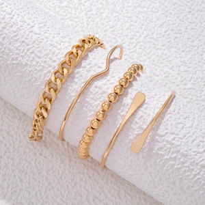 Gold chunky chain and beaded bracelet set with minimalist open bangle stackable for women