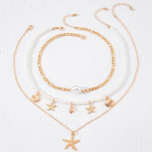 Three-layer ocean theme necklace set with pearls, golden starfish and shell charms