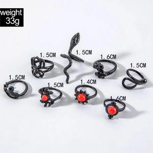 Detailed view of 8-piece black gothic ring set featuring skull, spider and snake designs