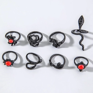 Set of 8 gothic punk rings in black alloy featuring skull, spider, and red gemstone motifs
