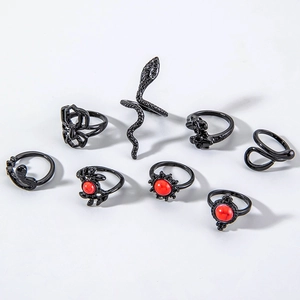 8-piece gothic punk ring set with black coating, skull, spider and red gemstones