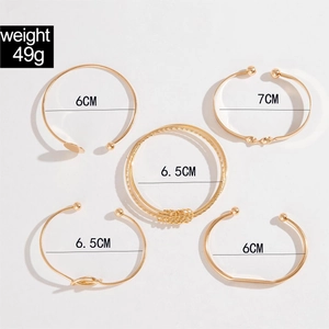 5-piece gold bangle set with bead and twist designs showing weight and size details