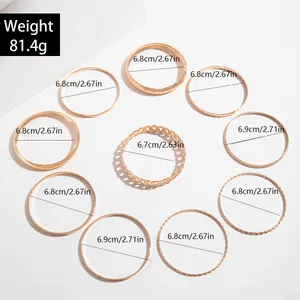 Size chart for 10-piece gold bracelet set with diameter details and product weight