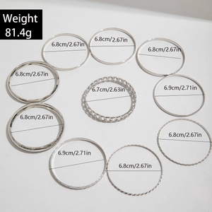 Detailed view of silver bangle set with size measurements and weight specifications