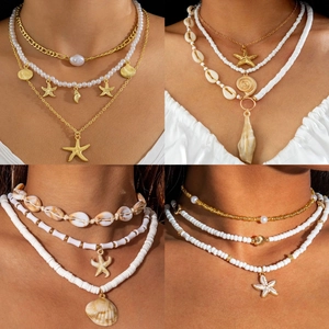 Layered Necklace For Women Bohemian Summer Beach Jewelry With Imitation Artificial Pearl Seashell Starfish Pendants Boho Vacation Style