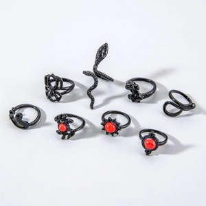 Set of 8 gothic rings with black metal spider skull and red faux stone inlay details