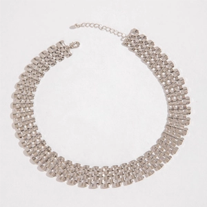 Detail view of woven wide silver link chain with lobster clasp and extension chain