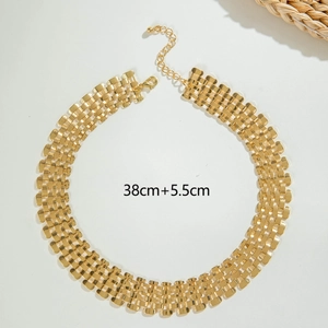 Detail of chunky gold woven choker necklace featuring adjustable length 38cm plus 5.5cm chain