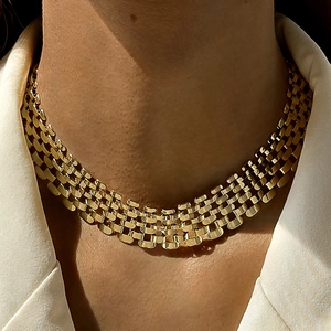Golden multi-layer punk wide choker necklace with bold rectangular links for women