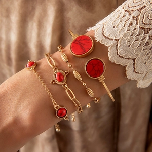 Bohemian gold chain bracelet set with vintage turquoise and turtle charm for women